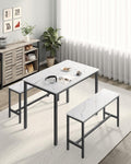 VASAGLE Masa de bar cu 2 banci, design industrial, 110x70x75 cm, alb marmura