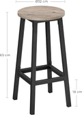VASAGLE Set 2 scaune bar inalte, sezut rotund, cadru din otel, inaltime 65 cm, stil industrial, gri