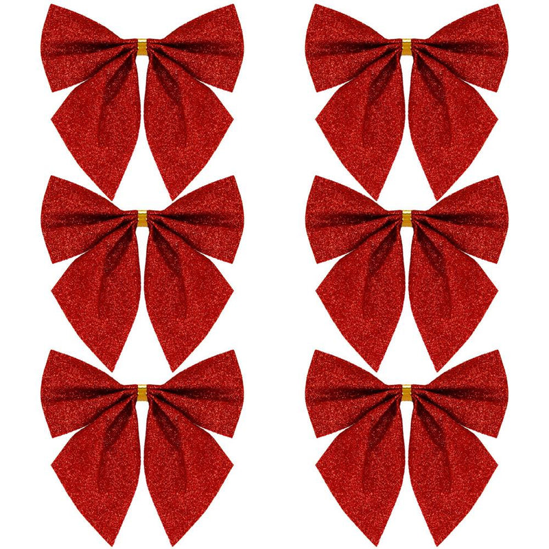 Set 6 ornamente pentru bradul de Craciun, fundita, 8cm, rosu cu sclipici