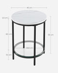 VASAGLE Masa rotunda, cu cadru de otel, noptiera, 45x55cm, negru cu blat alb aspect marmura