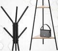 Cuier hol, metalic, 2 rafturi MDF, design minimalist, 180 cm, negru