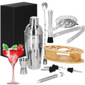 Set Cocktail Shaker Kit pentru barmani 550ml, KI24, suport bambus, 11 piese