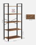 VASAGLE Biblioteca cu 5 etaje din lemn, cadru otel, stil industrial, 30x66x153cm, maro rustic si negru