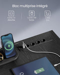 VASAGLE Birou in forma de L, suport monitor, raft si 2 sertare, 4 prize si 2 USB, 120x150x76 cm, negru