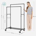 SONGMICS Suport pentru haine, cu raft si sine de agatat duble, cadru metalic, cu roti, 59x100x162cm, industrial, negru