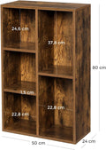 VASAGLE Biblioteca, raft cu 5 unitati de depozitare, pentru living, din lemn, 50x24x80cm, maro rustic