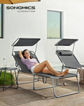 SONGMICS Sezlong pliabil, cu parasolar si tetiera, spatar reglabil in 4 pozitii, maxim 150kg, 200x71x38cm, gri