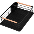 Uscator de vase cu suport tacamuri, din otel, cu tava de scurgere, manere lemn, 42x32x15cm, negru