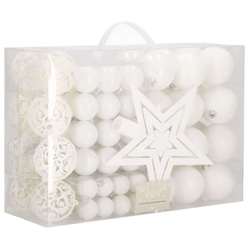 Set globuri si decoratiuni de Craciun, 100 piese, diverse dimensiuni cu stea, alb