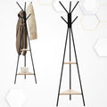Cuier hol, metalic, 2 rafturi MDF, design minimalist, 180 cm, negru