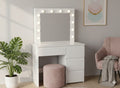 Masa de toaleta si machiaj Hollywood Pro, alba, cu 4 sertare, oglinda si 12 LED-uri, 94x43x140 cm