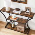 VASAGLE Masa de intrare cu picioare curbate, cadru otel si 3 polite lemn, stil industrial, 120x30x80cm, maro rustic si negru