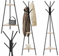 Cuier hol, metalic, 2 rafturi MDF, design minimalist, 180 cm, negru