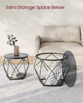 VASAGLE Set de 2 mese de cafea rotunde, cadru otel si blat detasabil din sticla, 40cm si 50cm, negru
