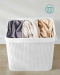 SONGMICS Cos de rufe din bambus, pliabil, cu captuseala detasabila lavabila, 3 compartimente, 150L, 60x40x62cm, alb
