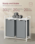 VASAGLE Cos de rufe, 2 compartimente, saci de rufe detasabili, raft, cadru metalic, 2x46L, 73x33x72 cm, alb si gri deschis