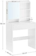 VASAGLE Masuta de toaleta cu oglinda, rafturi reglabile si sertar pentru cosmetice, 70x40x136cm, alb