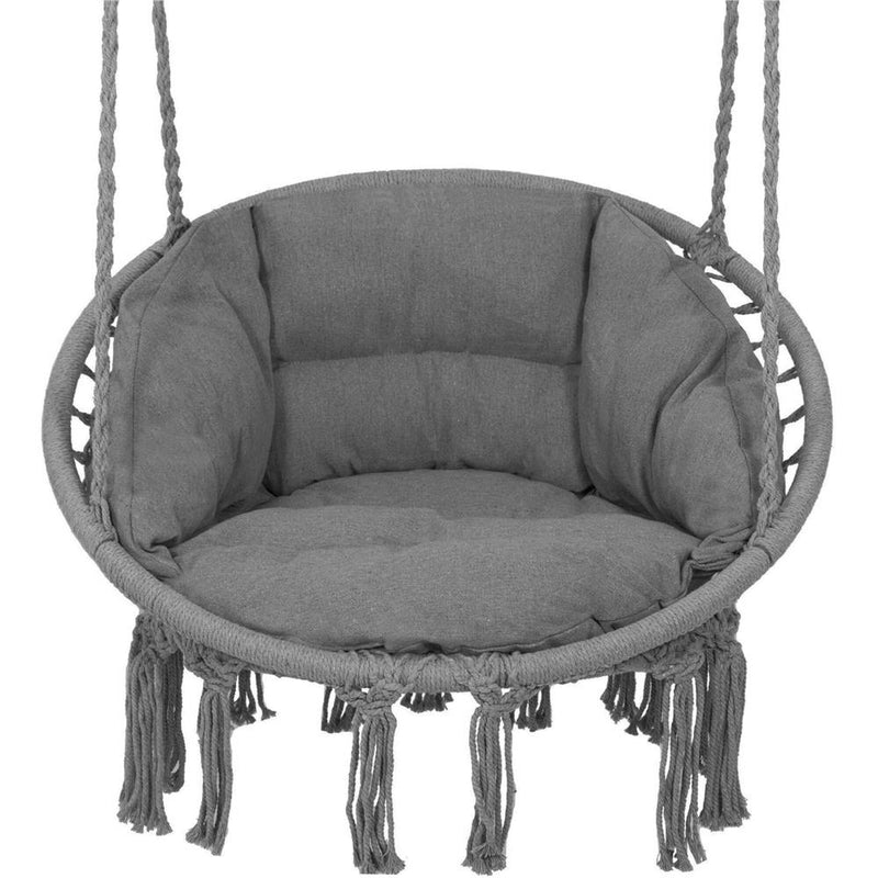 Scaun rotund Sersimo tip leagan suspendat cu perna Confort Plus casa sau gradina, gri inchis