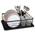 Uscator de vase cu suport tacamuri, din otel, cu tava de scurgere, manere lemn, 42x32x15cm, negru