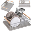Uscator de vase cu suport tacamuri, din otel, cu tava de scurgere, manere lemn, 42x32x15cm, gri
