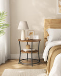 VASAGLE Masuta laterala rotunda, tip noptiera, cu 2 rafturi, cadru de otel, 55x55cm, maro rustic