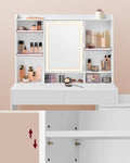 VASAGLE Masa de toaleta cu oglinda, iluminare LED reglabila, 6 sertare, 118x40x145 cm, alb