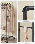 SONGMICS Suport pentru haine, cu raft si sine de agatat duble, cadru metalic, cu roti, 59x100x162cm, industrial, negru