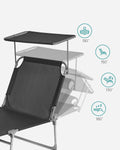 SONGMICS Sezlong pliabil, cu parasolar si tetiera, spatar reglabil in 4 pozitii, maxim 150kg, 200x71x38cm, gri