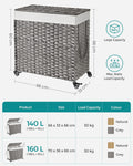 SONGMICS Cos de rufe tesut manual, cu captuseala detasabila lavabila, 3 compartimente, stil ratan, 140 litri, 66x33x60 cm, gri