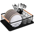 Uscator de vase cu suport tacamuri, din otel, cu tava de scurgere, manere lemn, 42x32x15cm, negru