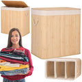Cos de rufe din bambus, pliabil, cu captuseala detasabila lavabila, 3 compartimente, 150L, 63x42x62cm, maro