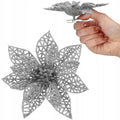 Set 10 ornamente pentru bradul de Craciun, stea Poinsettia, 10cm, argintiu