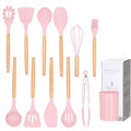 Set Sersimo 12 ustensile de bucatarie din silicon termorezistent si maner din bambus, roz