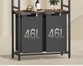 VASAGLE Cos de rufe, 2 compartimente, saci de rufe detasabili, 2 rafturi, tija umerase, 2x46L, 73x33x177cm, maro rustic