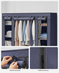 SONGMICS Garderoba din material textil, dulap portabil, cu rafturi si sina de agatat, 150x45x175cm, albastru