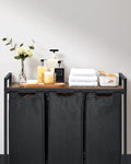 VASAGLE Cos de rufe, 3 compartimente, saci de rufe detasabili, raft, cadru metalic, 3x38L, 93x33x72 cm, maro rustic si negru