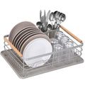 Uscator de vase cu suport tacamuri, din otel, cu tava de scurgere, manere lemn, 42x32x15cm, gri