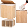 Cos de rufe din bambus, pliabil, cu captuseala detasabila lavabila, 3 compartimente, 150L, 63x42x62cm, maro