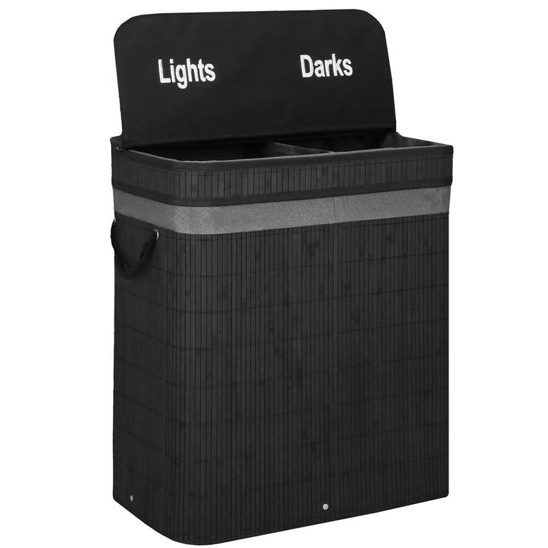 Cos de rufe din bambus cu capac, 2 compartimente, sac detasabil, volum 100L, 54x35x60cm, negru