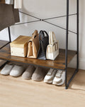 VASAGLE Raft pentru haine cu suport pentru pantofi, 5 polite, 6 carlige laterale, 45x120x160cm, maro rustic si negru