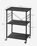 VASAGLE Raft de bucatarie pe roti, carucior de servire cu 3 rafturi, cadru metalic, 40x60x89 cm, design industrial, negru