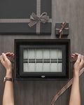 SONGMICS Cutie depozitare si organizare ceasuri, cu 12 locuri, piele sintetica, cu capac de sticla, 20x30x8cm, negru