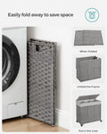 SONGMICS Cos de rufe tesut manual, cu captuseala detasabila lavabila, 3 compartimente, stil ratan, 140 litri, 66x33x60 cm, gri