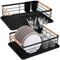 Uscator de vase cu suport tacamuri, din otel, cu tava de scurgere, manere lemn, 42x32x15cm, negru