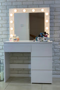 Masa de toaleta si machiaj Hollywood Pro, alba, cu 4 sertare, oglinda si 12 LED-uri, 94x43x140 cm