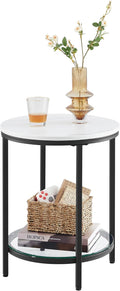 VASAGLE Masa rotunda, cu cadru de otel, noptiera, 45x55cm, negru cu blat alb aspect marmura