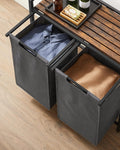 VASAGLE Cos de rufe, 2 compartimente, saci de rufe detasabili, raft, cadru metalic, 2x46L, 73x33x72 cm, maro rustic si gri