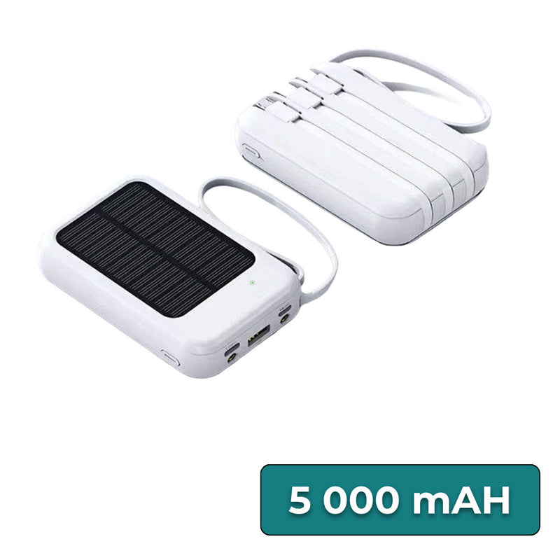 Leziter Powerbank cu panou solar 4 cabluri de încărcare 5000mAH alb