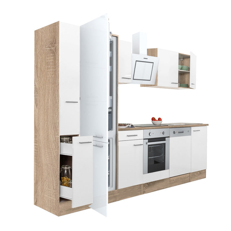 Leziter Mobilă de bucătărie Yorki 310, corp din stejar sonoma, față alb satinat, element cuptor inferior, frigider congelator inferior