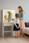 Masa de toaleta si machiaj Hollywood Pro, alba, cu 4 sertare, oglinda si 12 LED-uri, 94x43x140 cm